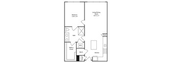 A floor plan of a house with a bedroom, living/dining room, kitchen, bath, and closets.