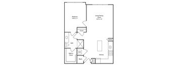 A floor plan of a house with a bedroom, living/dining room, kitchen, pantry, bath, and closets.
