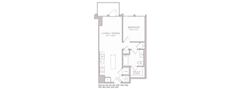 A floor plan of a small apartment with a living room, dining room, bedroom, and a walk-in closet.