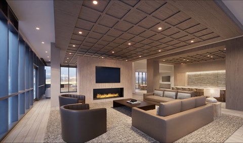 A modern living room with a fireplace and a large couch.