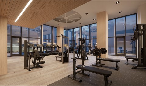 A gym with a variety of equipment including weights and benches.
