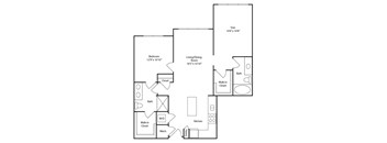 A floor plan of a home with a den, bedroom, living/dining room, kitchen, and bath.