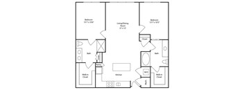 A floor plan of a house with two bedrooms, a living/dining room, kitchen, pantry, two bathrooms, and a walk-in closet.