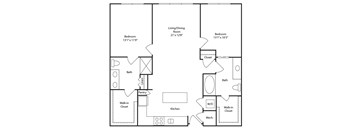 A floor plan of a house with two bedrooms, a living/dining room, a pantry, a kitchen, a walk-in closet, a bath, a linen closet, and a mechanical room.