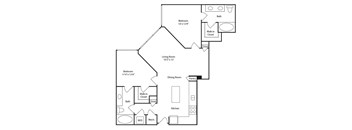 A black and white image of a house floor plan with a living room, dining room, kitchen, and three bedrooms.