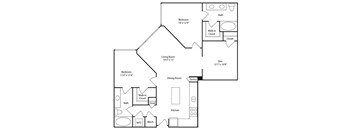 A black and white image of a house floor plan with a living room, dining room, kitchen, two bedrooms, a bathroom, a pantry, and a den.