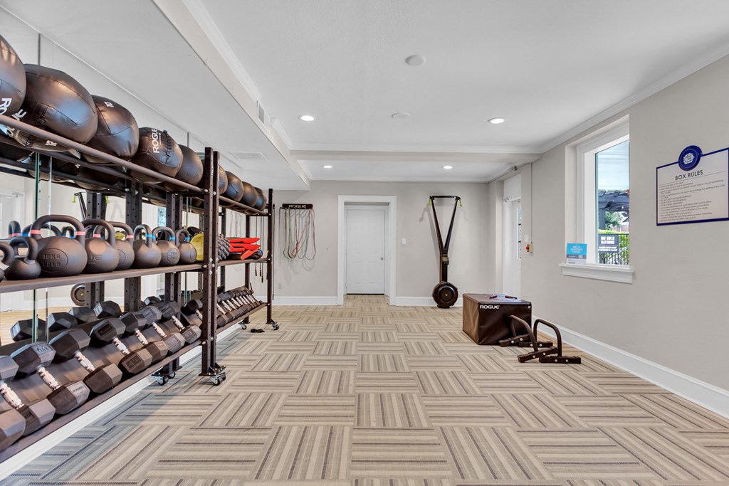 a large room with shelves of helmets and other equipment on the wall and a window