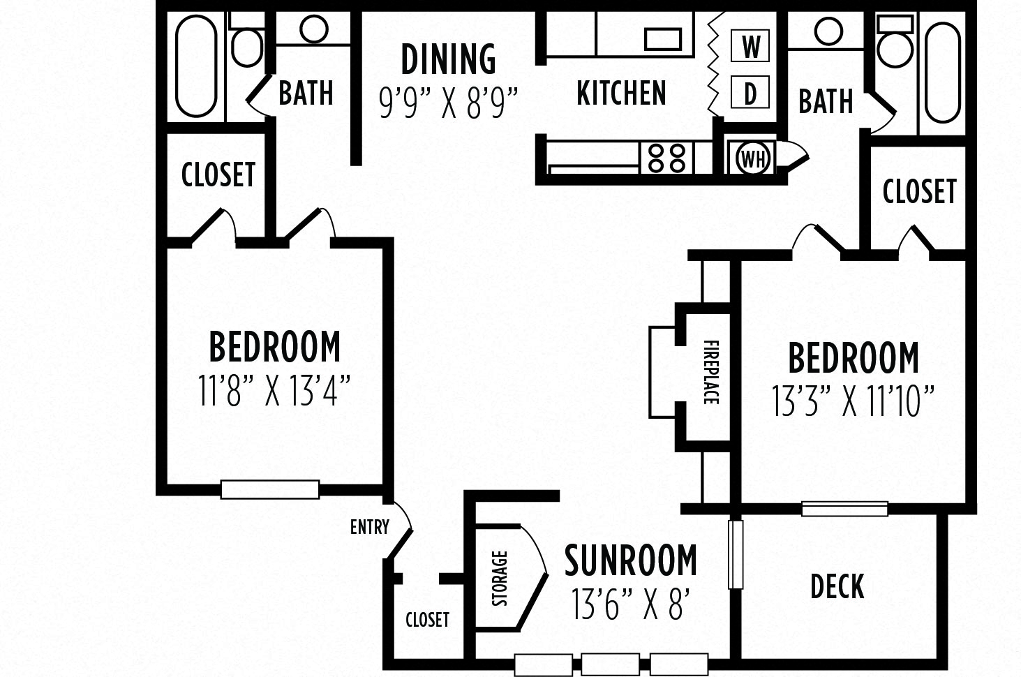 2 bedroom floor plan at Laurel Springs, Raleigh, 27609