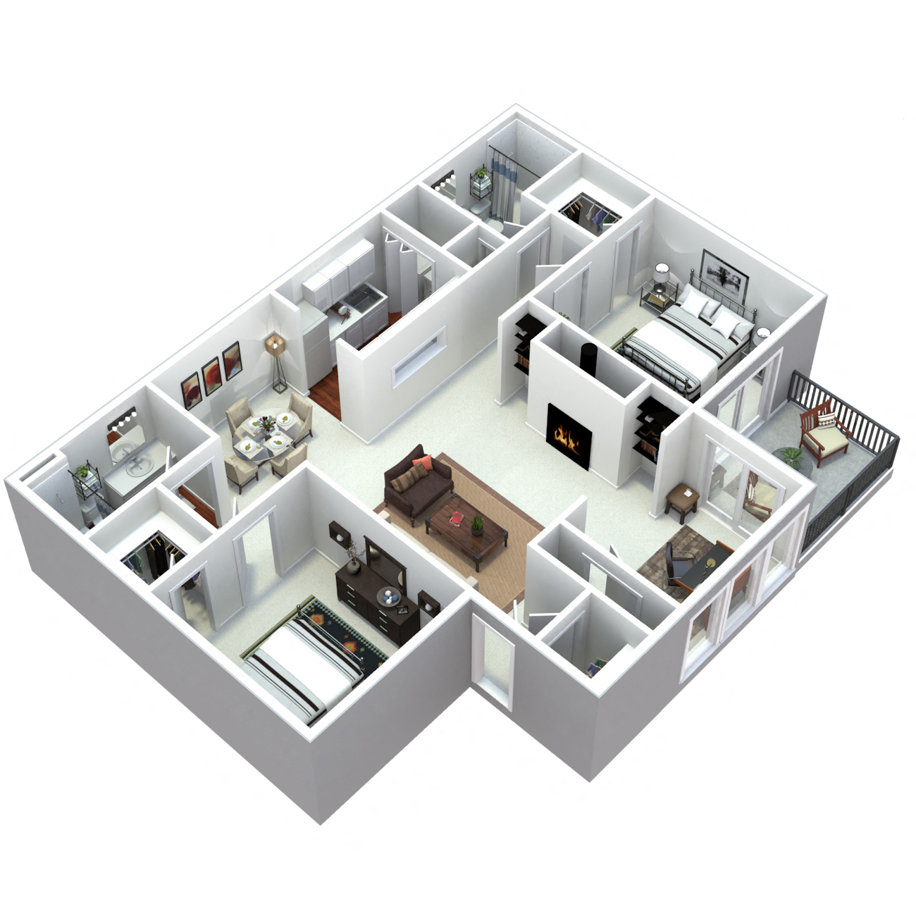 3-d 2 bedroom floor plan at Laurel Oaks, Raleigh, NC, 27613