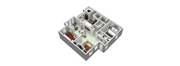 3D 2 bedroom floorplan at Laurel Oaks, North Carolina