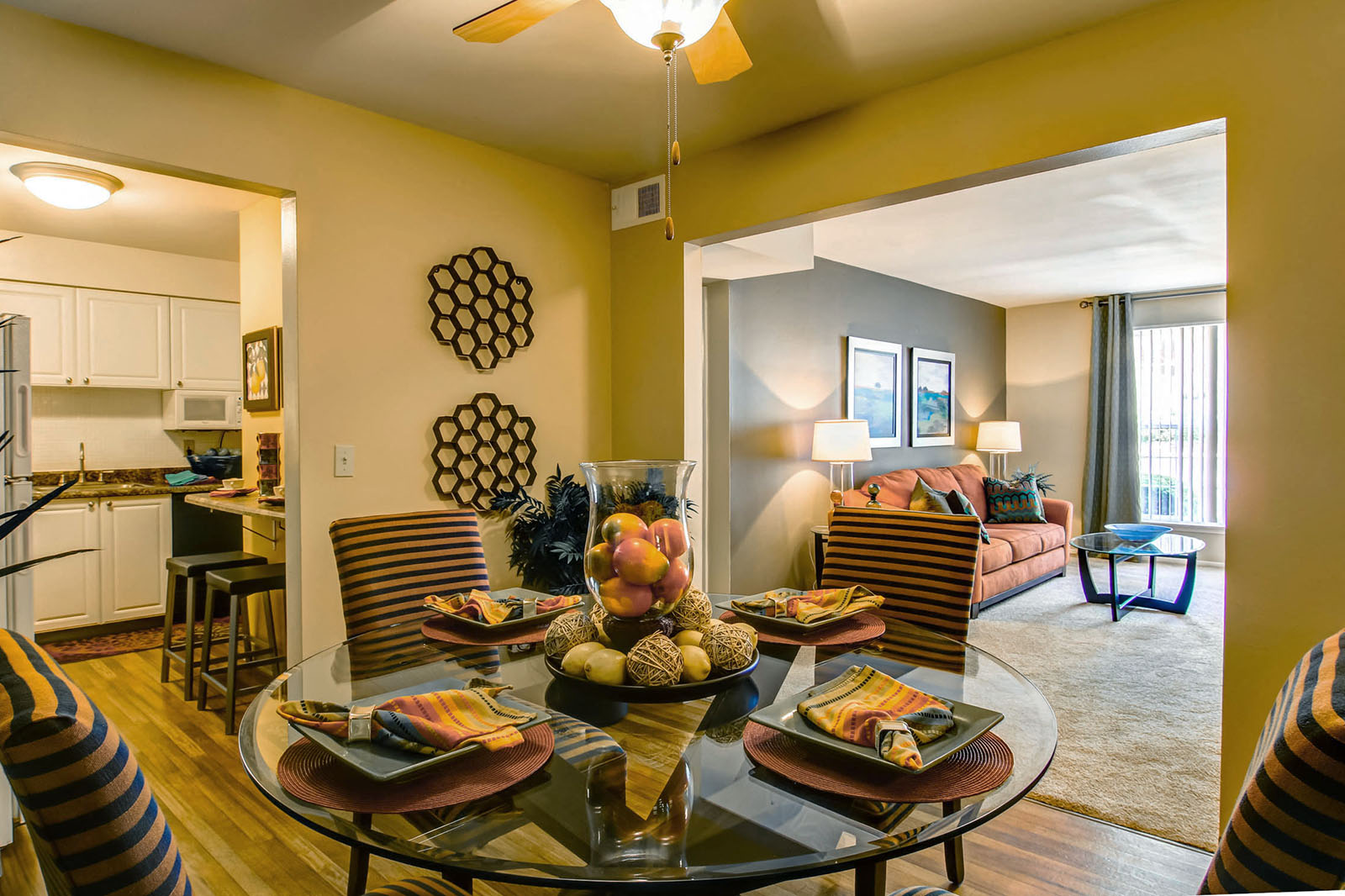 Dining room looking into living room and kitchen