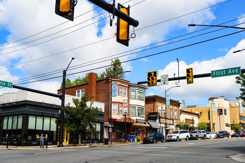 a city street with traffic lights and buildings at Madison West Elm, Conshohocken, PA, 19428