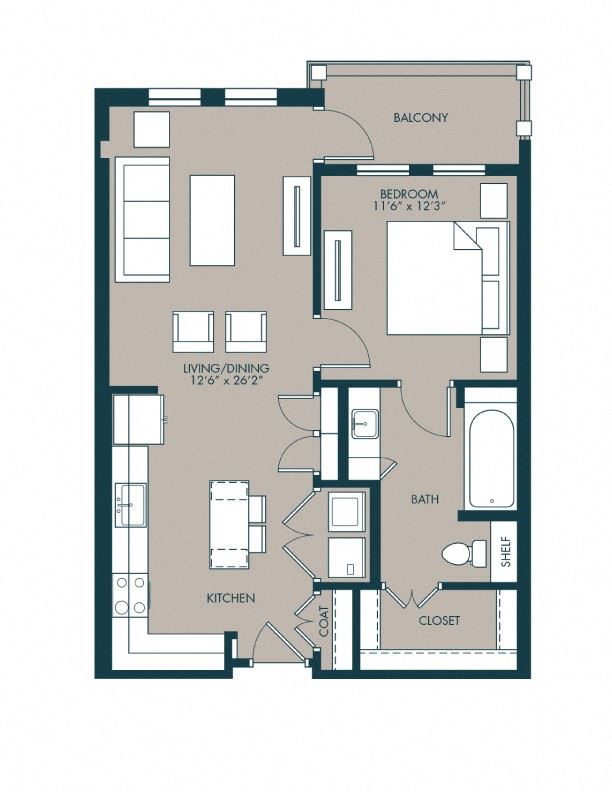 A4 750 SF 750 sf one bedroom floor plan