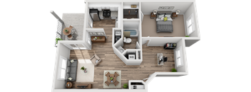 A 3D floor plan of a one bedroom apartment with a bathroom, living room, dining room, kitchen, and two closets.