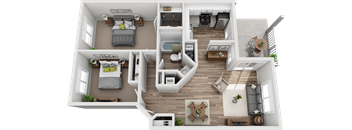 A 3D floor plan of a two bedroom apartment with a bathroom, living room, dining room, kitchen, and two closets.