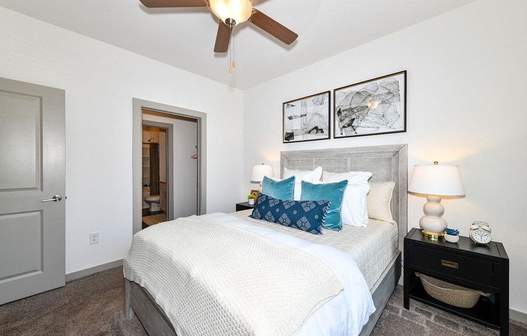 Bedroom with bed, closet, ceiling fan at Carmel Vista, McDonough, GA, 30253