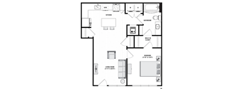 A floor plan of a small apartment with a living room, kitchen, bathroom, and two bedrooms.