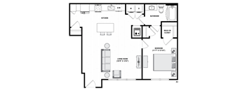 A floor plan of a house with a kitchen, living room, bathroom, and bedrooms.