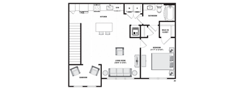 A floor plan of a house with a living room, kitchen, bathroom, and bedrooms.