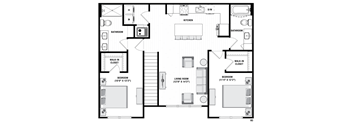 A floor plan of a house with two bedrooms, a living room, a kitchen, and two bathrooms.