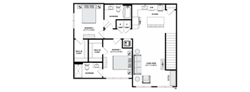 A floor plan of an apartment with three bedrooms, a living room, a kitchen, and a bathroom.