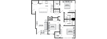 A floor plan of a house with three bedrooms, a living room, a kitchen, and two bathrooms.