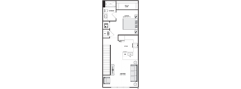 A floor plan of a house with a living room, kitchen, bedrooms and bathroom.