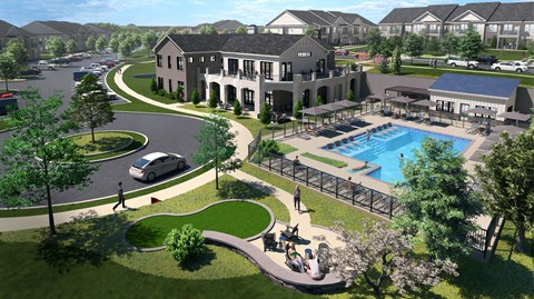 Clubhouse and resort-style swimming pool surrounded by lounge seating, walking paths, and landscaped green space.