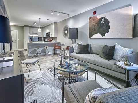 Living Room With Kitchen View at Madison Ellis Preserve, Newtown Square
