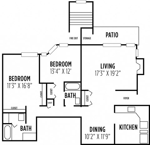 a floor plan of a home with two bedrooms and two bathrooms and a laundry room with a at Madison Glen Mills, Glen Mills, PA, 19342