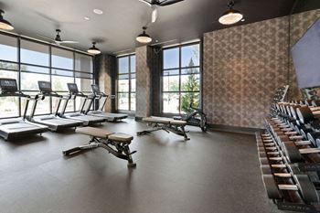 a fitness room with rows of chairs and windows at Madison West Elm, Conshohocken, PA 19428