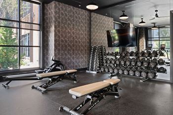A gym with a variety of equipment including weights and a flat screen TV at Madison West Elm, Conshohocken
