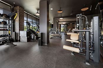 a gym with weights and exercise equipment on the floor and a window at Madison West Elm, Conshohocken, 19428