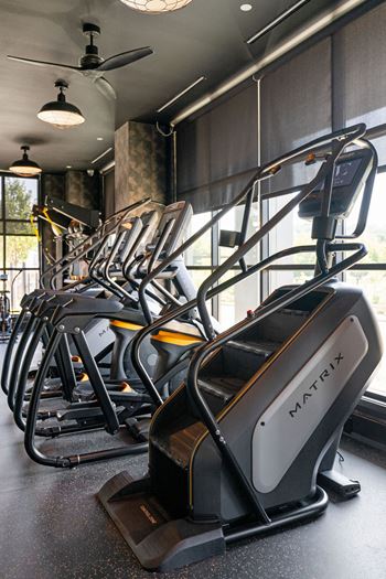 A row of treadmills are lined up in a gym at Madison West Elm, Conshohocken Pennsylvania