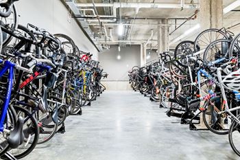 A large room full of bicycles parked in a row at Madison West Elm, Conshohocken, PA