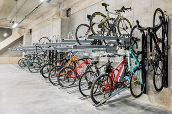 A bike rack full of bicycles in a parking garage at Madison West Elm, Pennsylvania