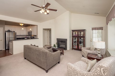 A living room with a grey couch and a television.