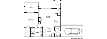 A floor plan of a house with a living area, kitchen, and two bedrooms.