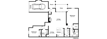 A floor plan of a house with a garage, two bedrooms, a living room, a kitchen, a bathroom, a porch, and a patio.