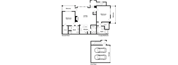 A floor plan of a two-story house with two bedrooms, a living area, a kitchen, a bathroom, a closet, a coat area, a mech, a reference area, and a garage.