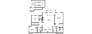 A floor plan of a two bedroom house with a study, living room, and garage.