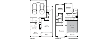 A floor plan of a 3 bedroom townhome with a garage.
