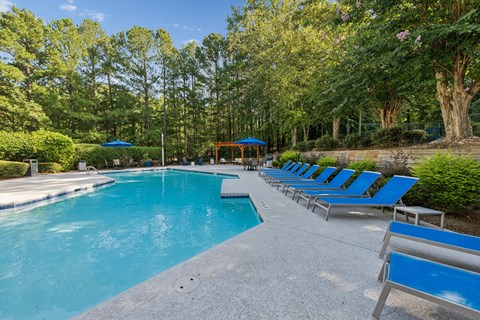 A large outdoor swimming pool surrounded by trees and lounge chairs.