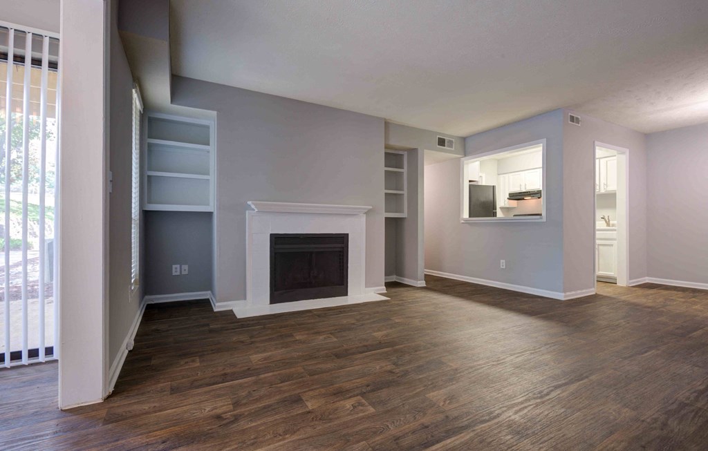 fireplace and bookcases in living room at Laurel Springs, North Carolina