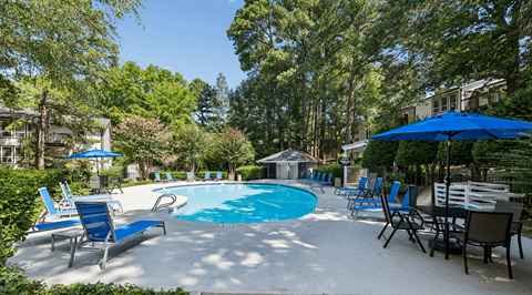 A pool surrounded by trees and chairs.