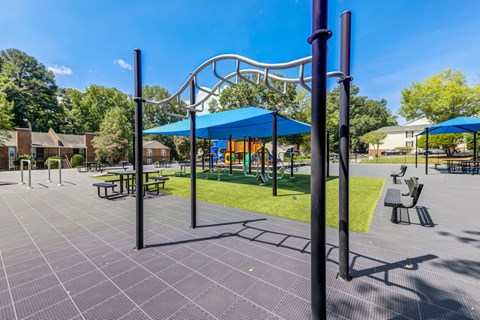 An outdoor gym with bars and a blue canopy.