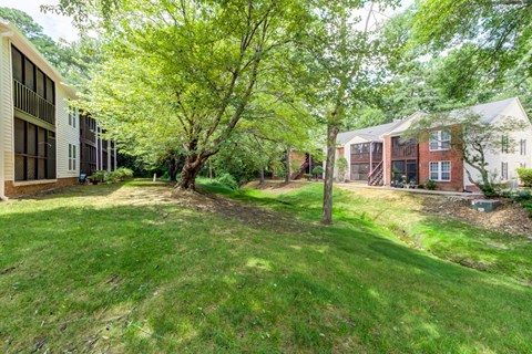A tree in a grassy area in front of a building.