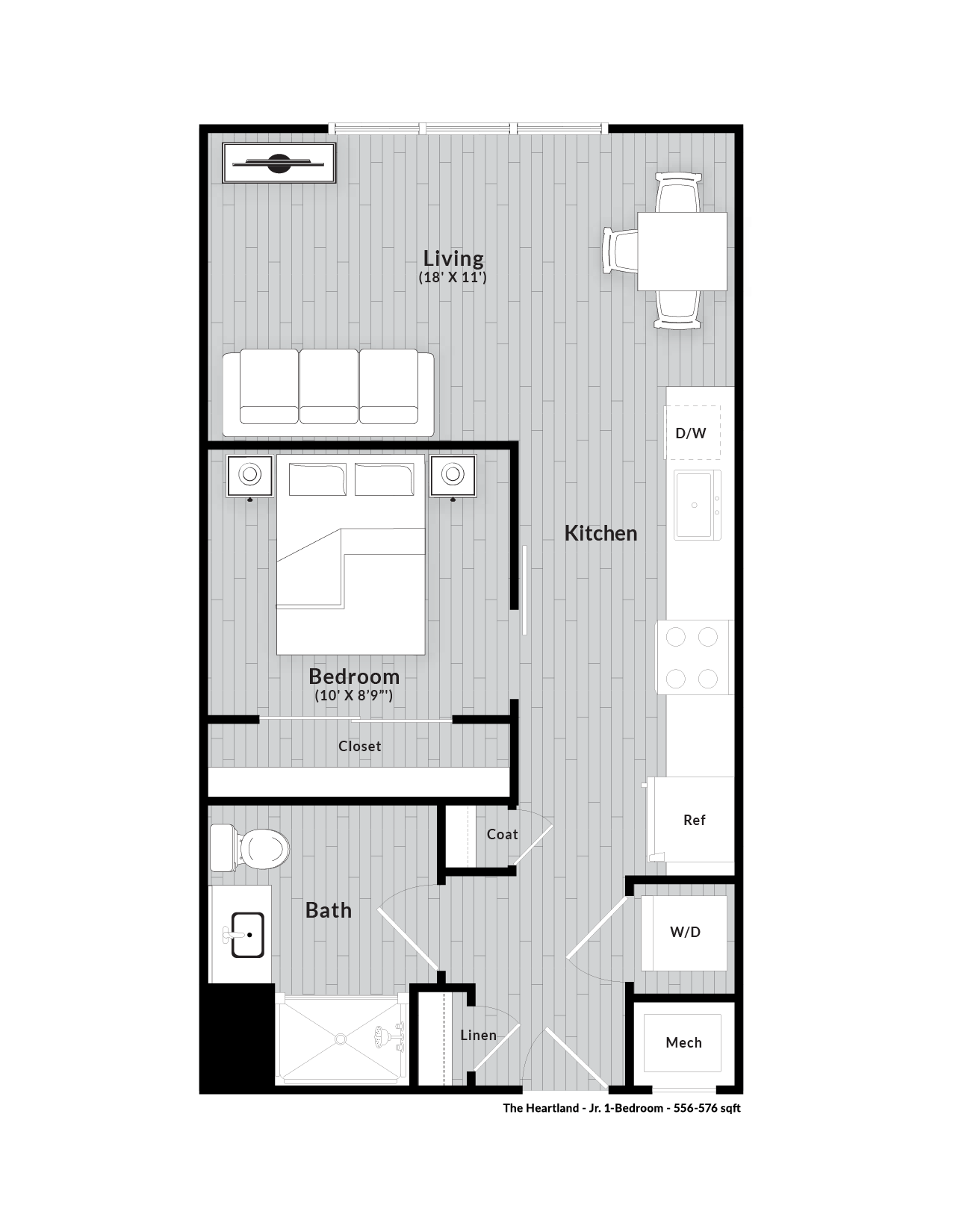 A floor plan of a one bedroom apartment with a living room, kitchen, bathroom and bedroom.
