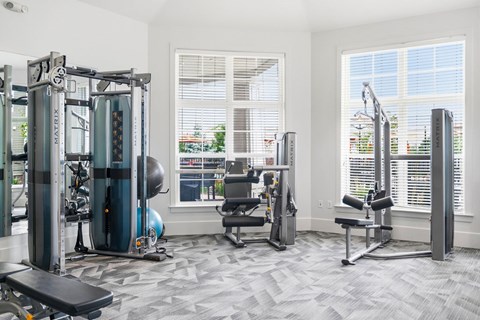 A gym with a variety of equipment including a leg press machine, a chest press machine, a leg curl machine, a leg extension machine, a seated calf raise machine, a lat pulldown machine, a cable crosso