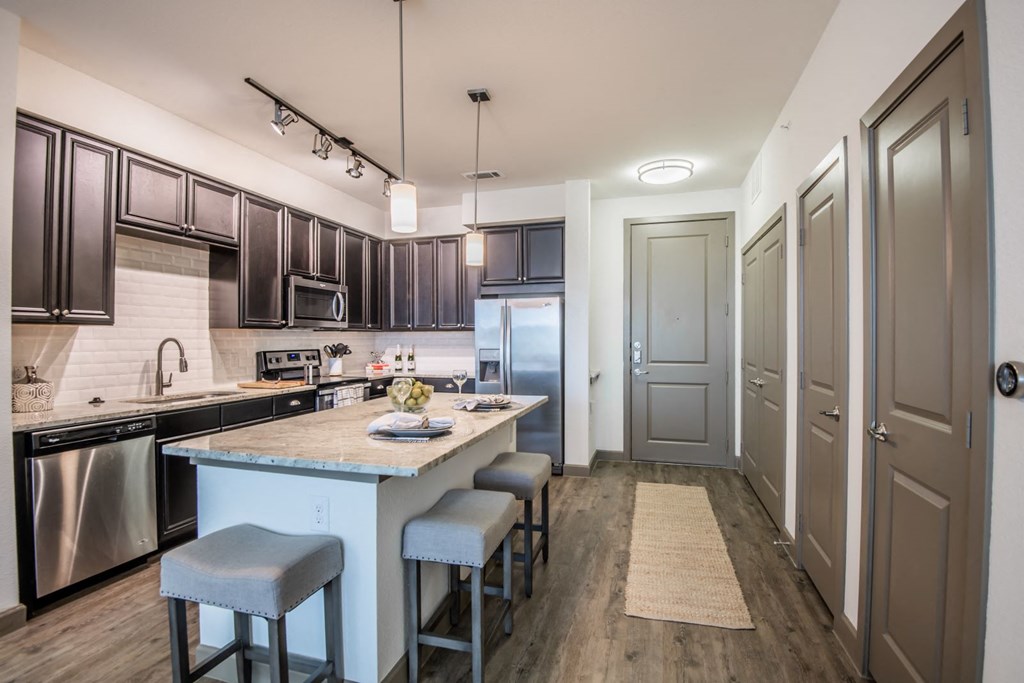Modern Kitchen With Stainless Steel Appliances And Double Door Refrigerators at McKinney Village, Texas, 75069